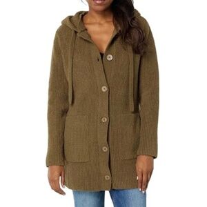 New Barefoot Dreams CozyChic Rib Hood Button Up Cardi Jacket Coat Women Thyme Sm